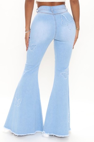 Blue Butterfly Patched Skinny Flare Jeans