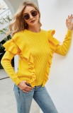 Casual Yellow O-Neck Frill Long Sleeve Sweater