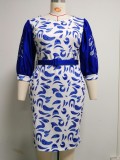 Plus Size Blue Bubble Sleeve Midi Dress with Matching Belt