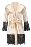 White Silk and Lace Patching Robe Nightgown with Matching Belt