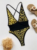 Yellow Leopard Color Block Deep-V One Piece Swimsuit