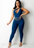 Blue Hollow Out One Shouler Sleeveless Slim Fit Jumpsuit