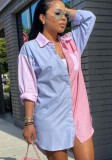Pink and Blue Contrast Long Sleeve Button Up Blouse
