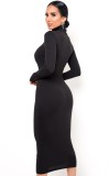 Black High Neck Long Sleeve Bodycon Midi Dress