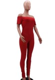 Red Off Shoulder Ruched Ribbed Jumpsuit