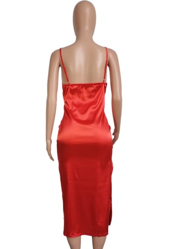 Orange Cami Slit Silk Elegant Dress