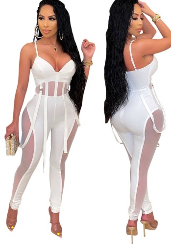 Sexy White See Through Belt Cami Fitted Jumpsuit