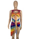 Sexy Cut Out Knotted Asymmetric Sleeveless Rainbow Dress