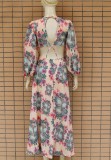 Flower Print Cut Out O-Ring Slit Long Sleeve Maxi Dress