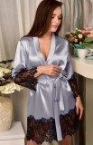 Gray Silk and Lace Patching Robe Nightgown with Matching Belt