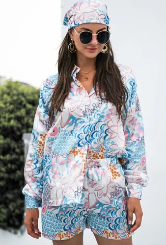 Floral Long Sleeve Blouse and Shorts with Matching Kerchief 3PC Set