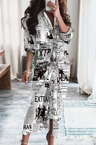 Print White V-Neck Scrunch Long Dress