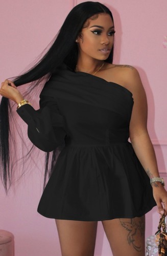 Black One Long Sleeve Oblique Collar Short Dress