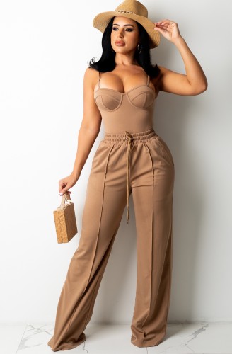 Brown Cami Vest and Drawstring Sweatpants Two Piece Set