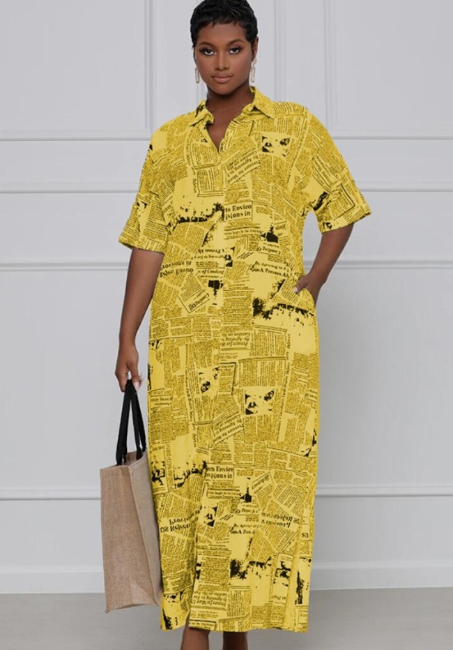 Yellow Newspaper Printed Short Sleeve Loose Maxi Blouse Dress