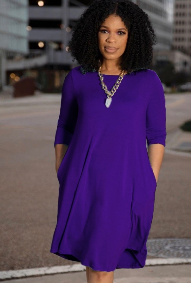 Casual Purple Long Sleeve O-Neck Pocket Midi Dress