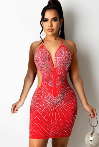 Sexy Red Beaded Backless Halter Cocktail Dress