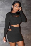 Black Hollow Out Long Sleeve Crop Top and Skirt Two Piece Outfits