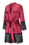 Red Silk and Lace Patching Robe Nightgown with Matching Belt