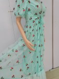 aqua deep V-neck with waist stripe lace Cherry Sequins long dress