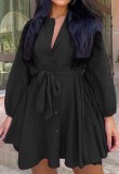 Black Button Up Long Sleeve Ruffled Blouse Dress with Belt