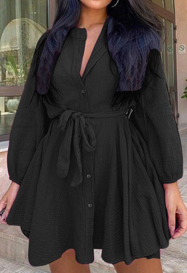 Black Button Up Long Sleeve Ruffled Blouse Dress with Belt