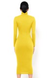 Yellow High Neck Long Sleeve Bodycon Midi Dress