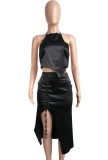 Black Halter Silk Top and Drawstring Slit Midi Skirt Two Piece Outfits