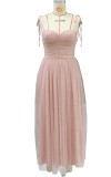 Pink Sequins Mesh Knotted Cami A-line Long Dress