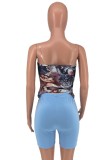Blue Printed Zipper Fitted Bandeau Top and Matching Shorts Two Piece Set