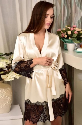 White Silk and Lace Patching Robe Nightgown with Matching Belt