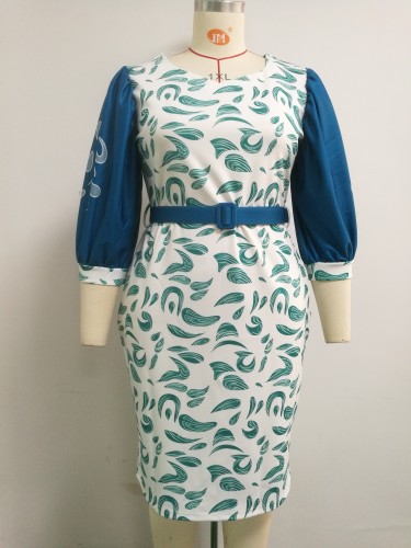 Plus Size Teal Bubble Sleeve Midi Dress with Matching Belt