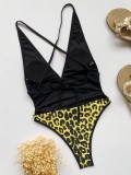 Yellow Leopard Color Block Deep-V One Piece Swimsuit
