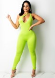 Green Hollow Out One Shouler Sleeveless Slim Fit Jumpsuit
