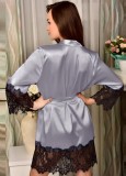 Gray Silk and Lace Patching Robe Nightgown with Matching Belt
