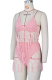 Pink Mesh Halter Tassel Beachwear Two Piece Outfits