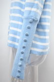 Light Blue O-Neck White Stripe Long Sleeve Swearter