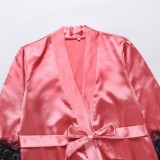 Pink Silk and Lace Patching Robe Nightgown with Matching Belt