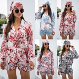 Floral Long Sleeve Blouse and Shorts with Matching Kerchief 3PC Set