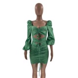 Cut Out Sexy Scrunch Strings Green Slim Fit Dress