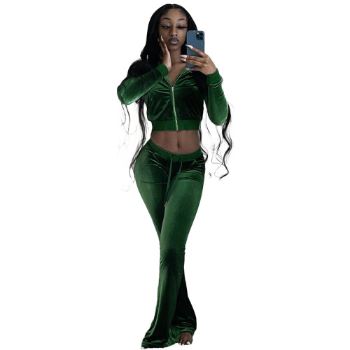 Green Velvet Crop Jacket and Flare Pants Two Pieces Tracksuit