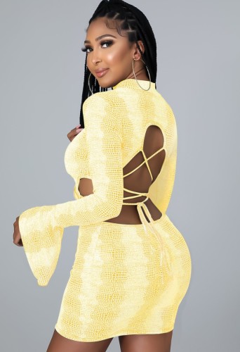 Yellow Flare Sleeve Blackless Slinky Short Dress
