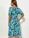 Flower Blue V-neck Short Sleeve Maxi Dress