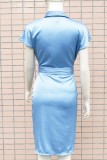Blue Silk Open Button Bodycon Blouse Dress
