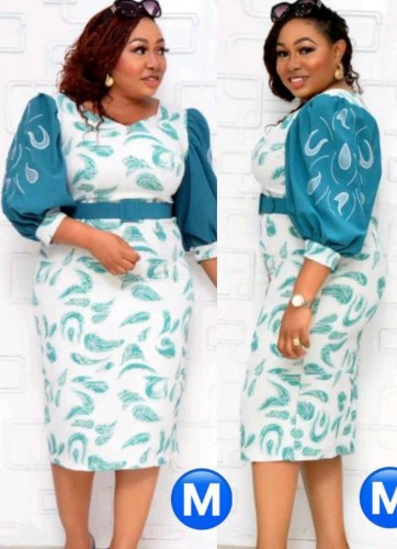 Plus Size Teal Bubble Sleeve Midi Dress with Matching Belt