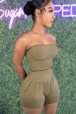 Green Folded Strapless Crop Top and High Waist Shorts Two Piece Set