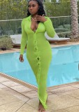 Green Button Up See Through Long Sleeve Maxi Blouse Dress