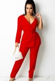 Red One Long Sleeve Chain Cami Blazer and Pant Two Piece Set