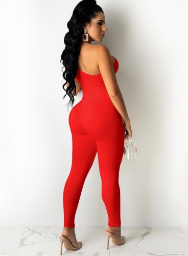 Red Hollow Out One Shouler Sleeveless Slim Fit Jumpsuit
