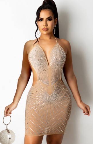 Sexy Apricot Beaded Backless Halter Cocktail Dress